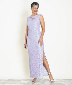 Woman posing wearing Lavender Elizabeth Lavender Sequin Lace Floor Length Dress from Connected Apparel