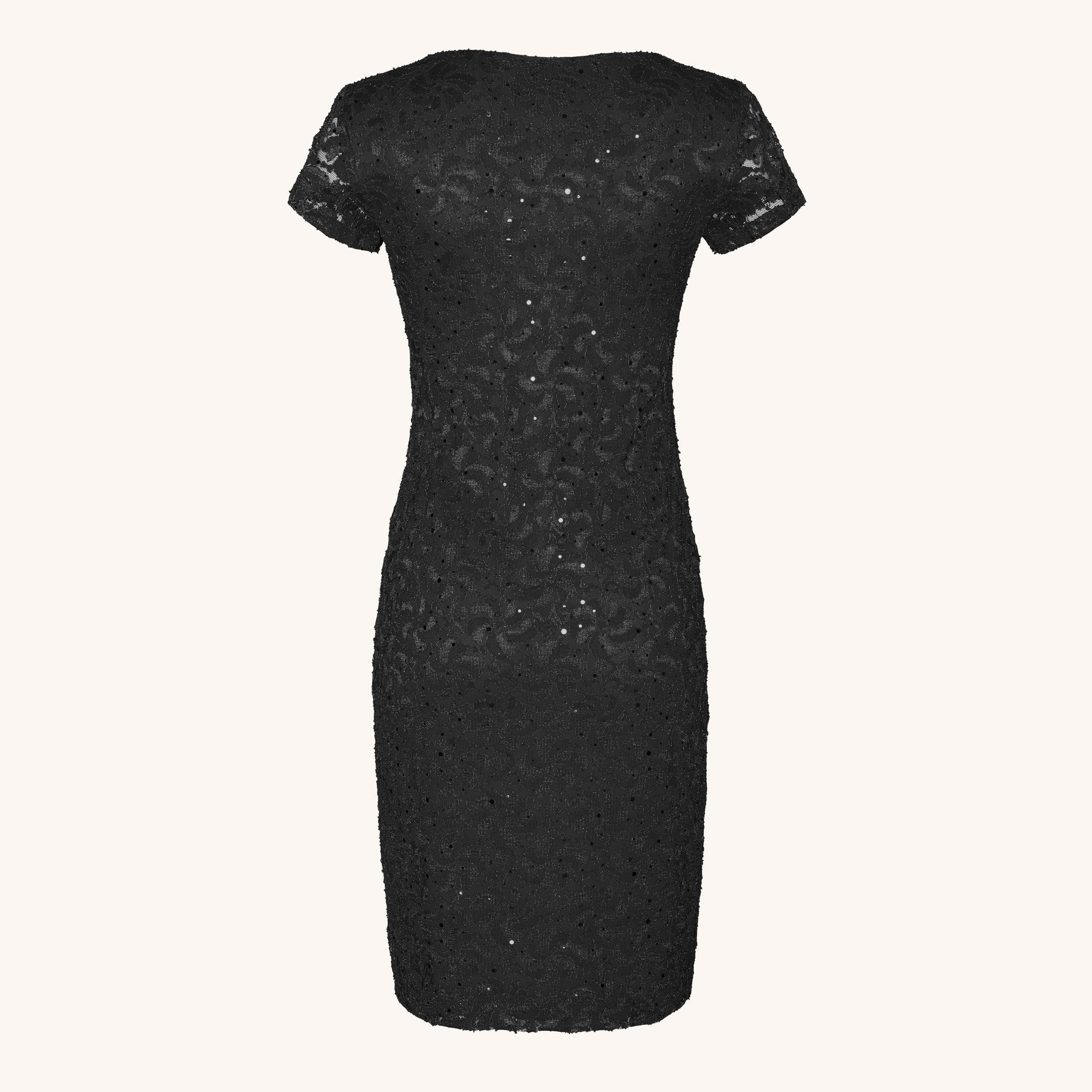 Woman posing wearing Black Gracie Black Sequin Lace Dress from Connected Apparel