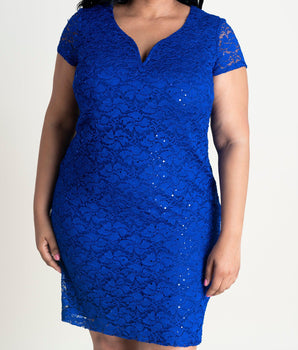 Woman posing wearing Cobalt Gracie Cobalt Blue Sequin Lace Cocktail Dress from Connected Apparel
