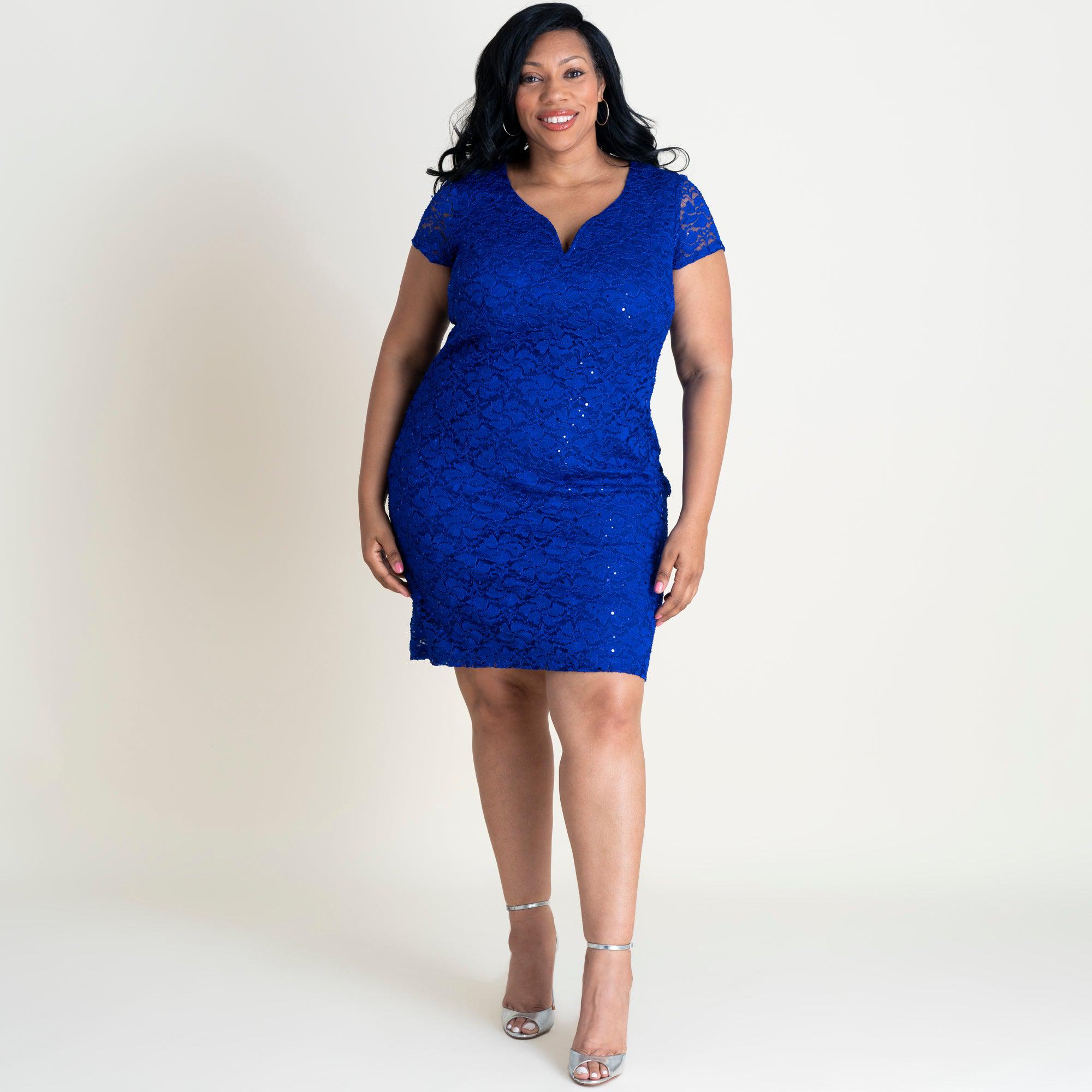 Woman posing wearing Cobalt Gracie Cobalt Blue Sequin Lace Cocktail Dress from Connected Apparel