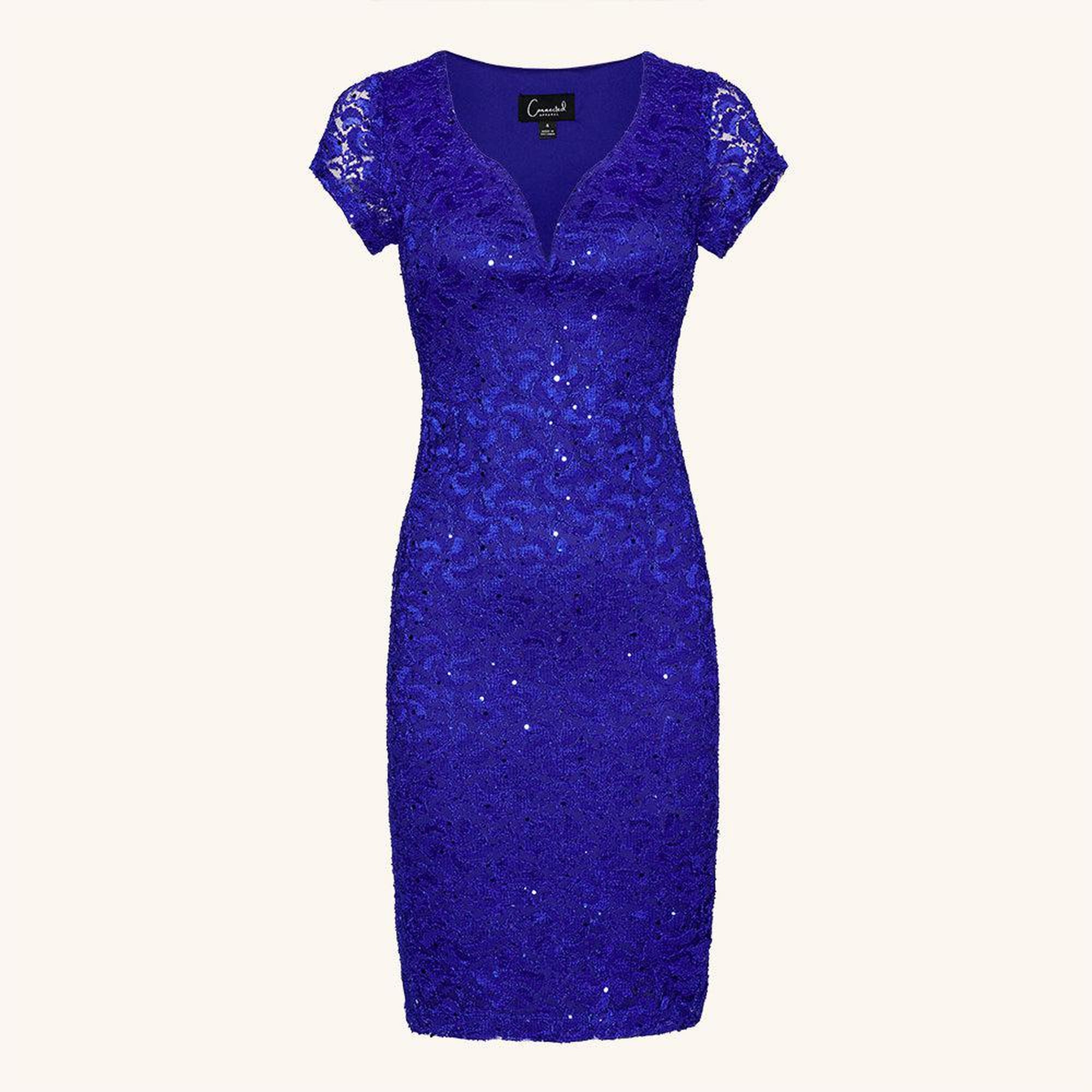 Woman posing wearing Cobalt Gracie Cobalt Sequin Lace Cocktail Dress from Connected Apparel