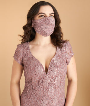 Woman posing wearing Rosewood Lace Sequin Mask - Assorted Colors from Connected Apparel