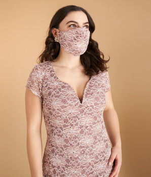 Woman posing wearing Two-Tone Rosewood Lace Sequin Mask - Assorted Colors from Connected Apparel