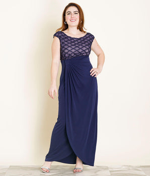 Woman posing wearing Navy/Mauve Lisa Navy and Mauve Evening Dress from Connected Apparel