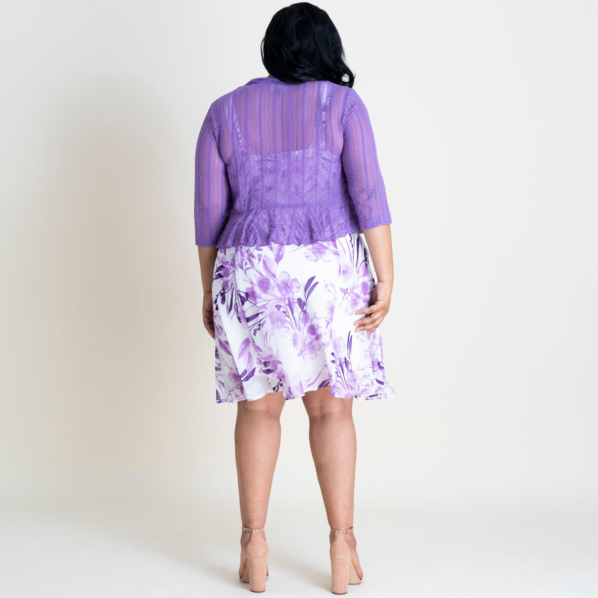 Woman posing wearing Ivory/Purple Mary Purple Floral Chiffon Dress with Shrug from Connected Apparel