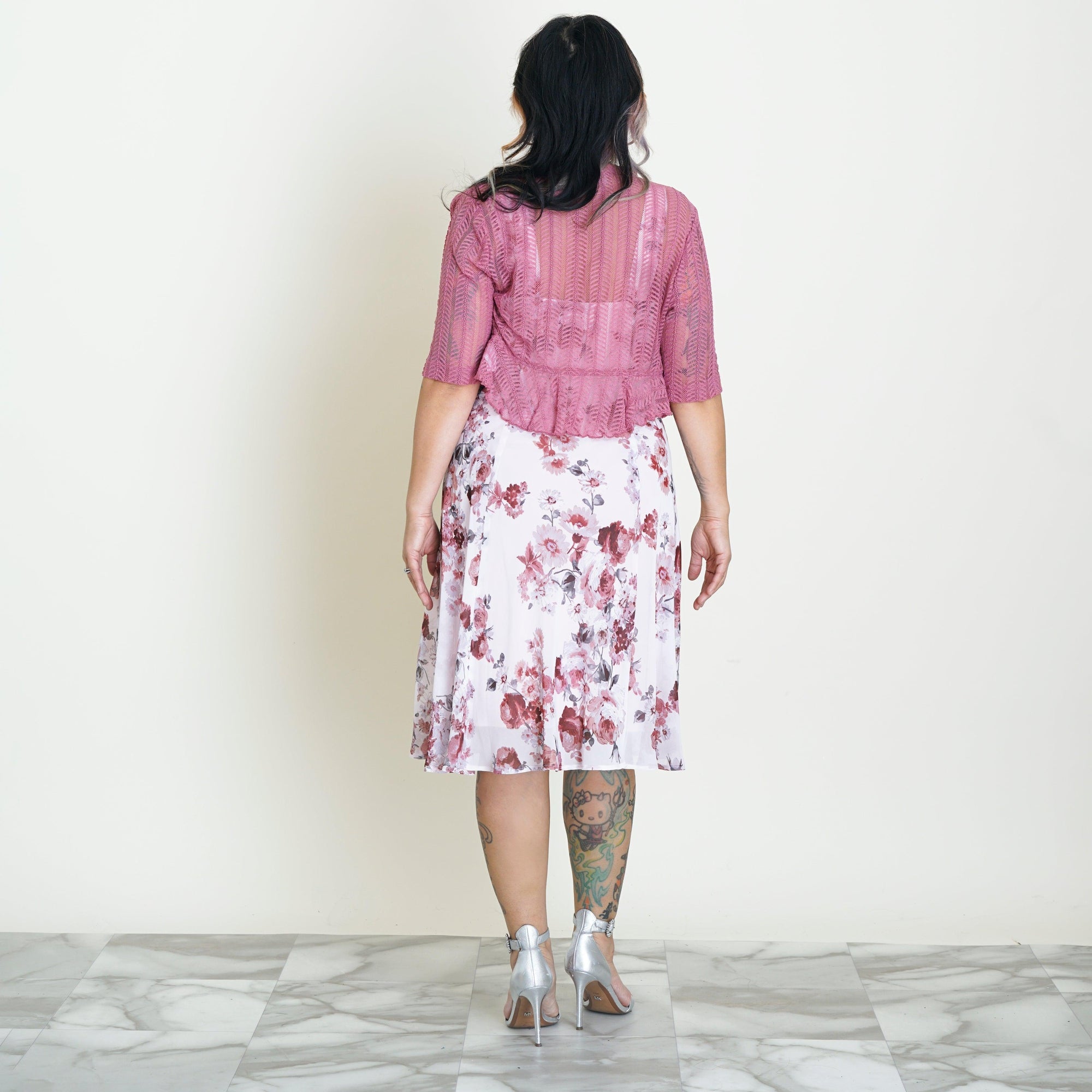 Woman posing wearing Rosewood Mary Rosewood Floral Chiffon Dress with Shrug from Connected Apparel