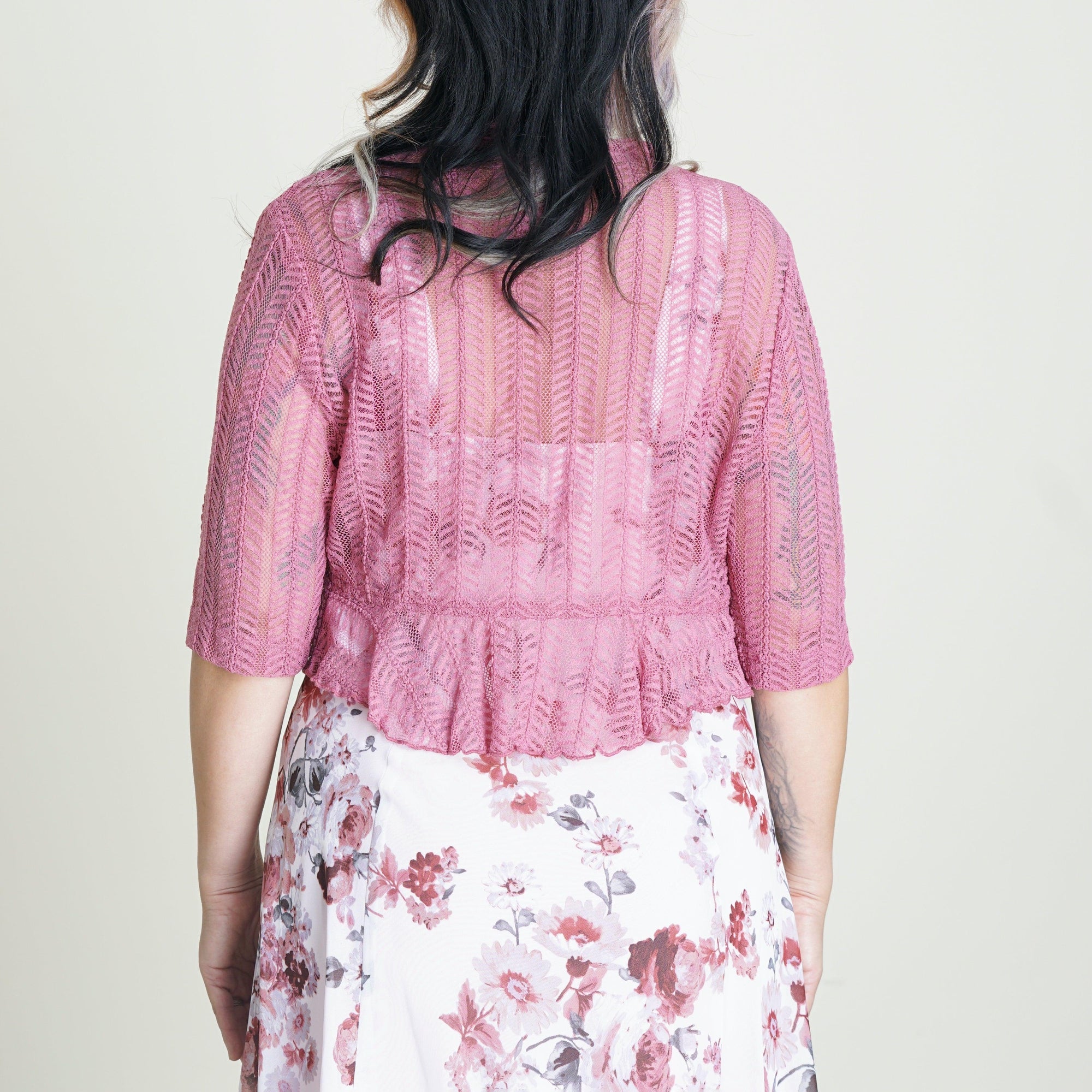 Woman posing wearing Rosewood Mary Rosewood Floral Chiffon Dress with Shrug from Connected Apparel