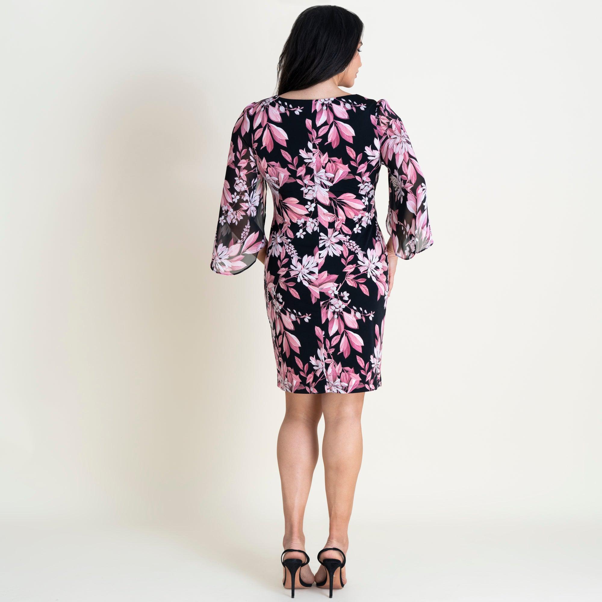 Woman posing wearing Pink Stevie Pink Floral Sheath Dress from Connected Apparel