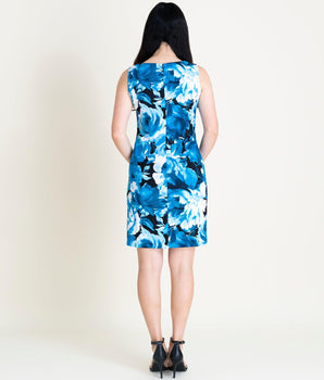 Woman posing wearing Blue Sue Blue Floral Sheath Dress from Connected Apparel