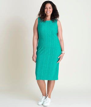 Woman posing wearing Bright Green Terra Bright Green Sheath Dress from Connected Apparel