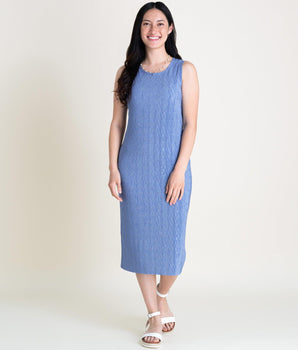 Woman posing wearing Periwinkle Terra Periwinkle Sheath Dress from Connected Apparel